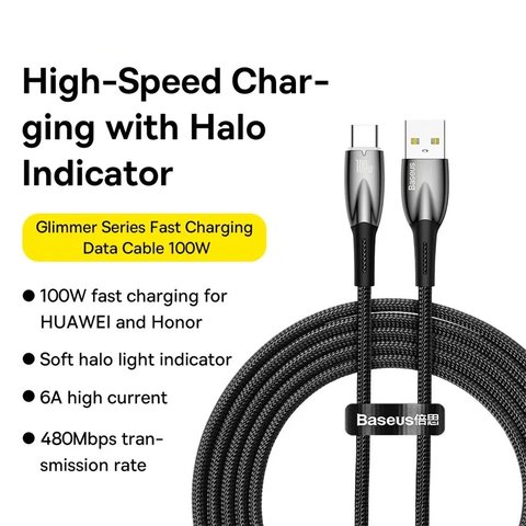 Cable USB Baseus Glimmer, USB tipo-A, USB tipo C, 100 cm, 100 W, negro, con revestimiento de nylon, #CADH000401 Vista previa  1