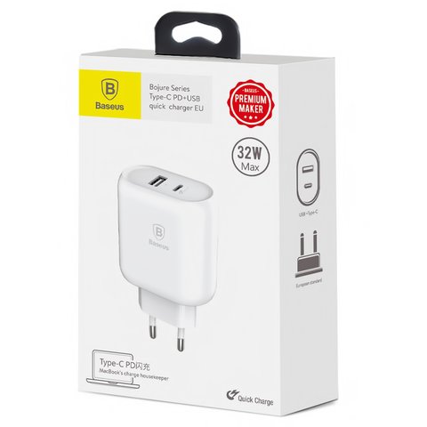 Adaptador de red Baseus BS-EUQC02, 32 W, Quick Charge, 220 V, (USB Type C entrada 5V 3A/9V 2.5A/12V 2A/15V 1.8A), (salidas USB 5V 1A), blanco, #CCALL-BG02 Vista previa  1