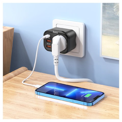 Сетевое зарядное устройство Hoco NS3, 20 Вт, Power Delivery (PD), черный, с розеткой, 3 порта, #6931474766168 Превью 2