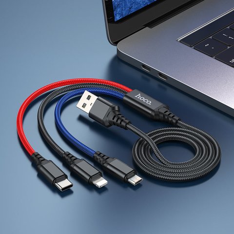 USB кабель Hoco X76, USB тип-C, USB тип-A, micro-USB тип-B, Lightning, 100 см, 2 A, чорний, червоний, синій, 3 в 1, #6931474768636 Прев'ю 1