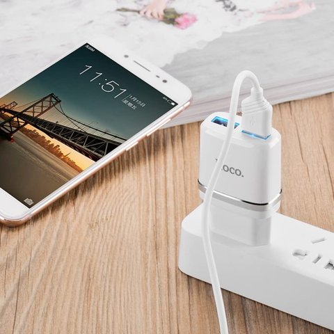 Мережевий зарядний пристрій Hoco C12, 12 Вт, білий, з кабелем Lightning для Apple, 2 порта, #6957531047766 Прев'ю 1